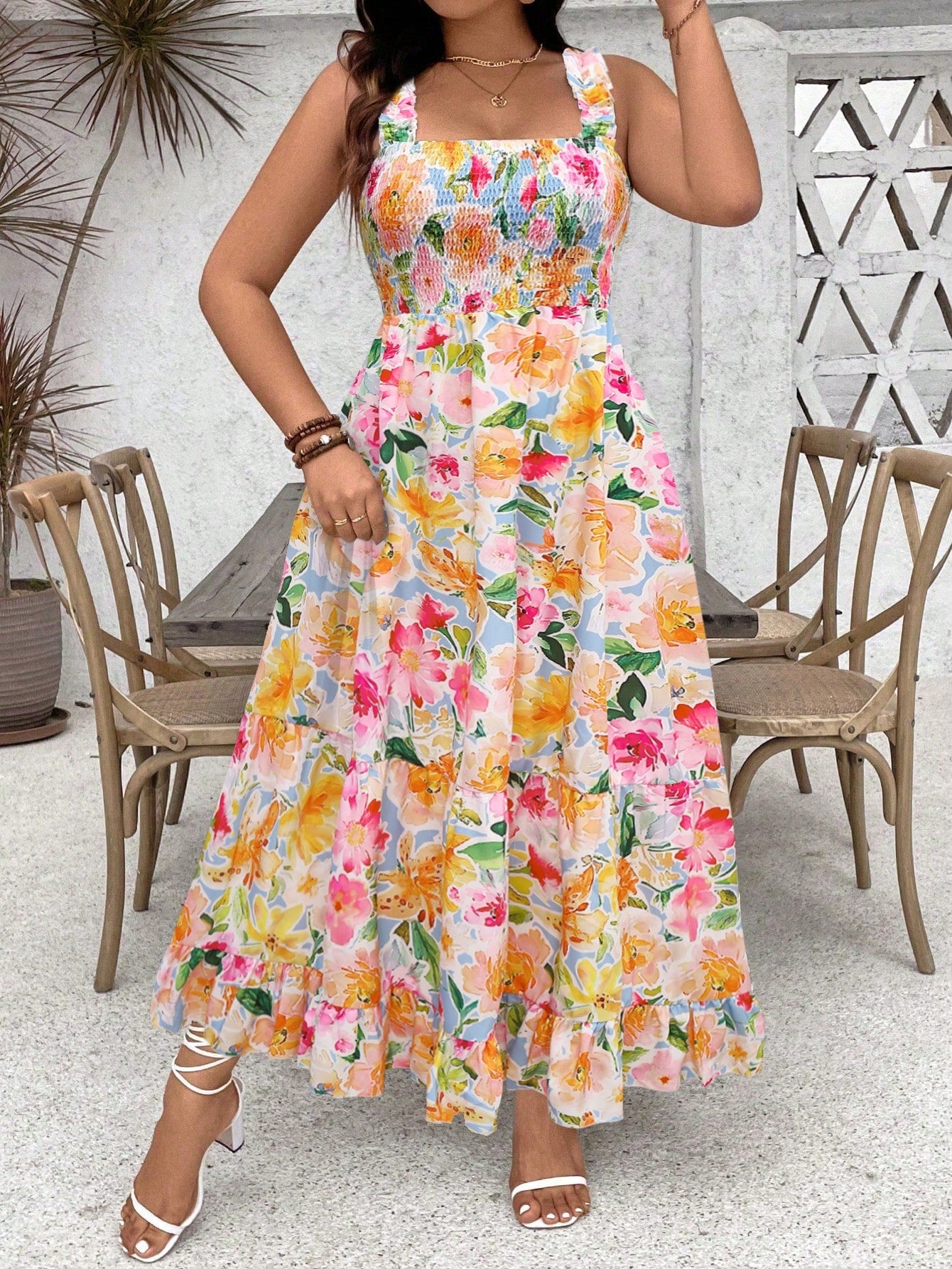 Vestido Longo Plus Size Soltinho Estampado com Babado na Barra