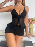 Pijama Babydoll Feminino Sensual com Renda e Abertura Frontal