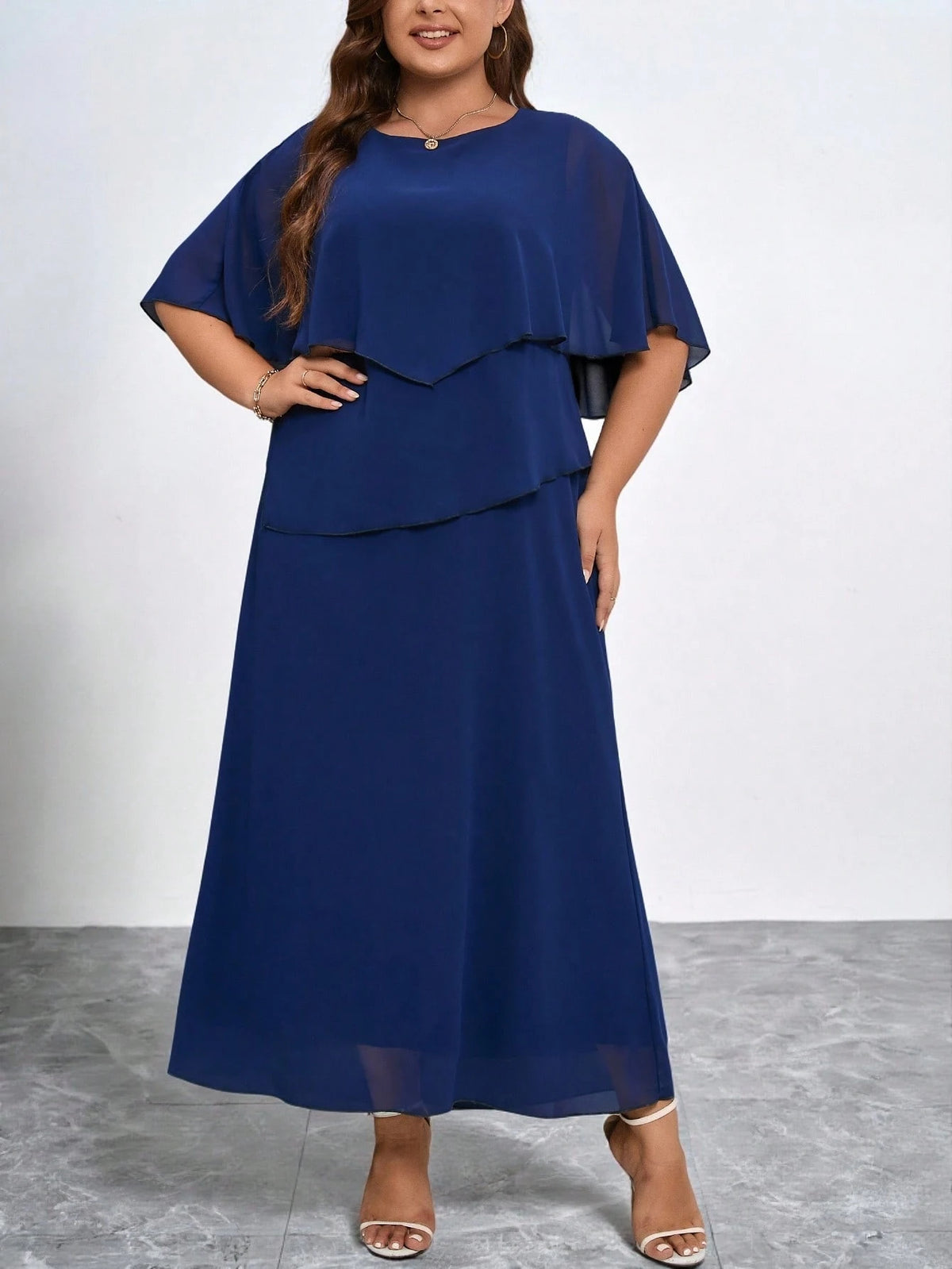 Vestido Plus Size Social Longo Festa Chiffon em Camadas