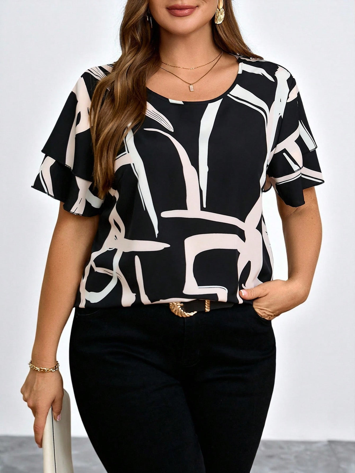 Blusa Feminina Plus Size Gola Redonda Manga em Camadas