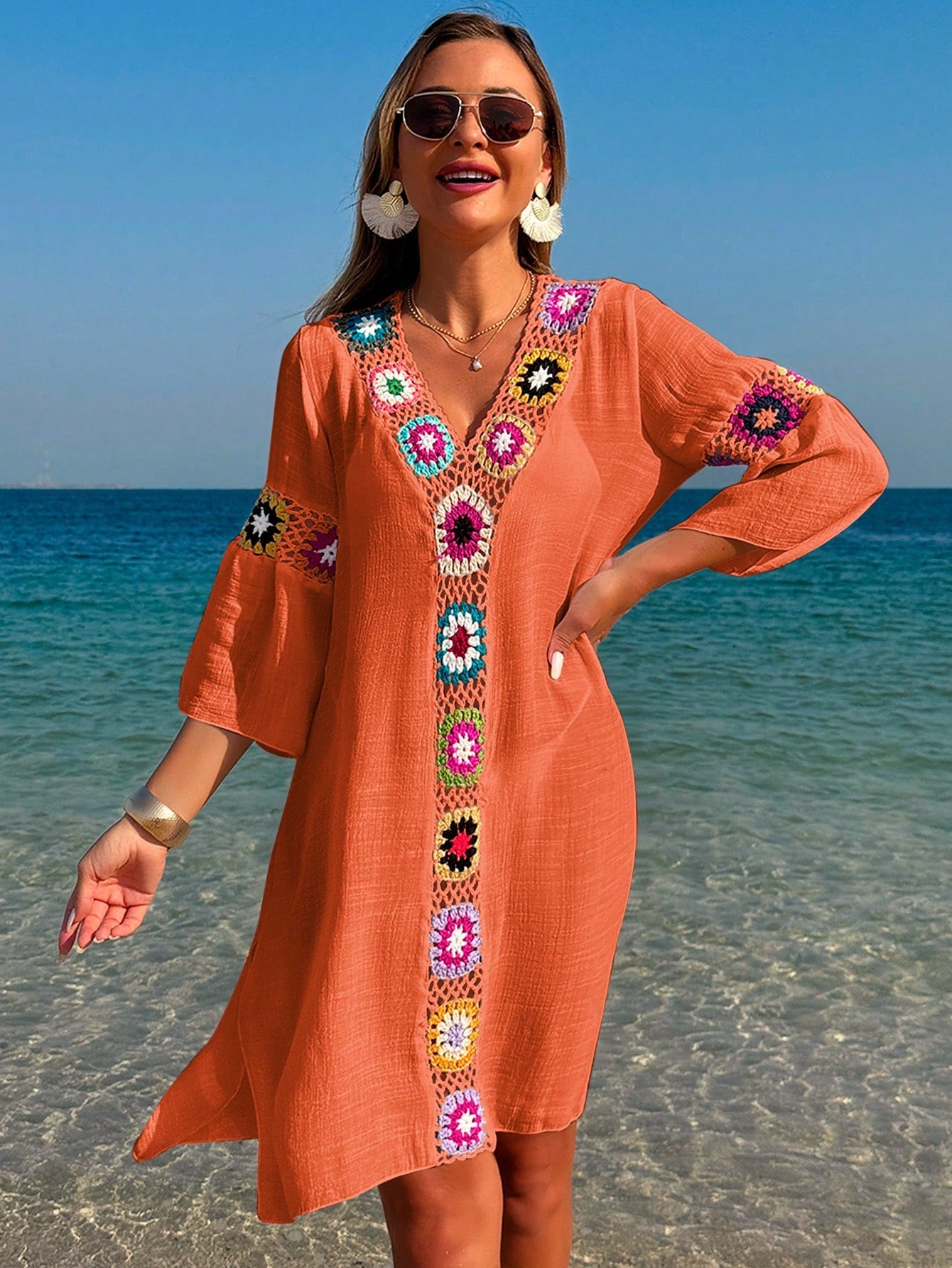 Saída de Praia Vestido Meia Manga com Fenda