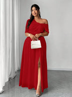 Vestido Longo Festa Convidada Plus Size Assimétrico em Chiffon com Fenda