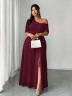 Vestido Longo Festa Convidada Plus Size Assimétrico em Chiffon com Fenda