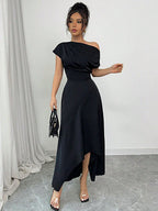 Vestido Feminino Midi de Festa Ombro e Bainha Assimétrica 