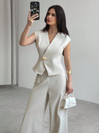 Conjunto Alfaiataria Elegante Feminino Colete e Calça Pantalona 