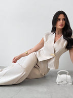 Conjunto Alfaiataria Elegante Feminino Colete e Calça Pantalona 