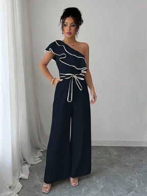 Macacão Feminino Pantalona Um Ombro Só com Babados