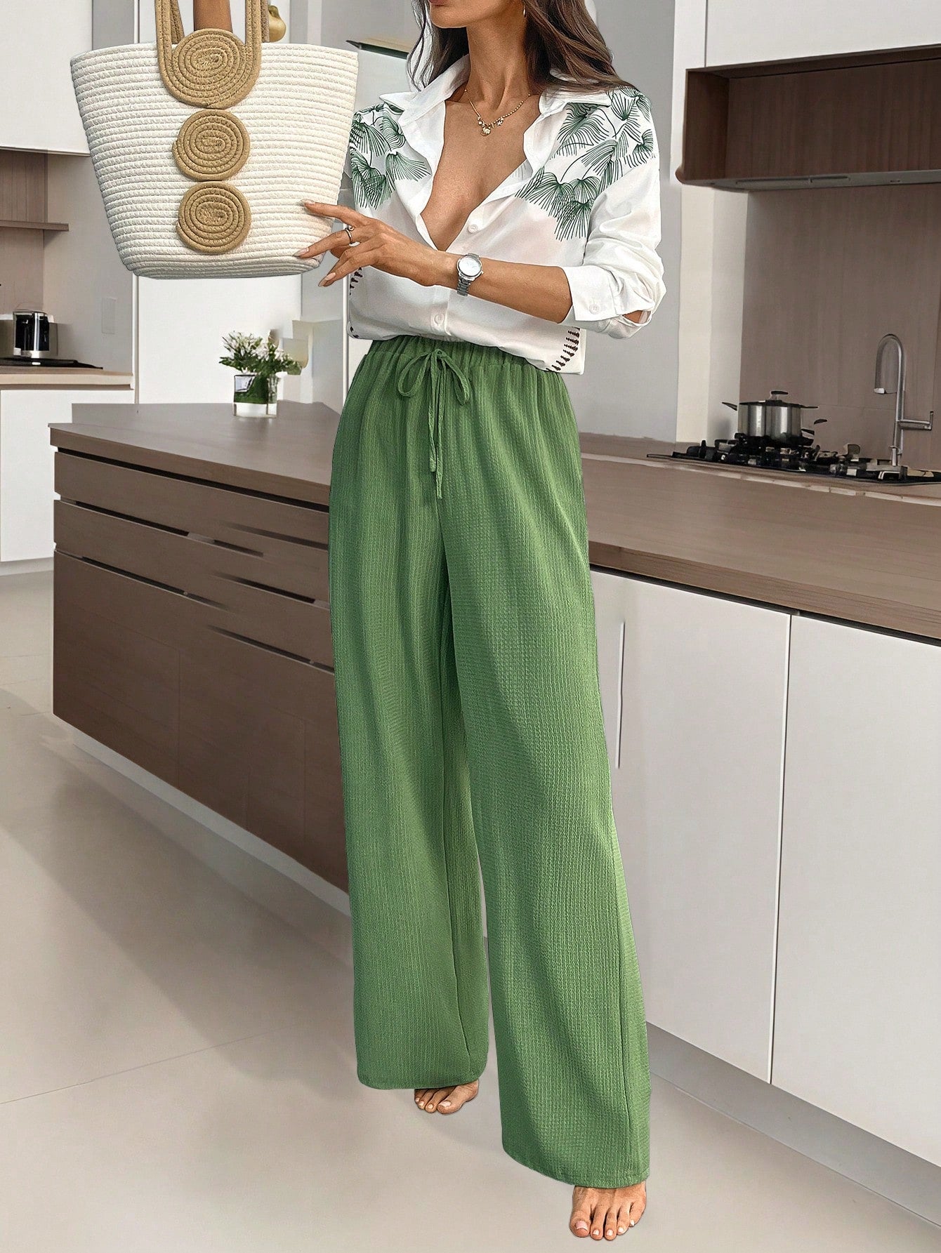 Conjunto Feminino Camisa Estampada e Calça Soltinha