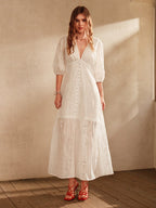 Anewsta Vestido Longo Elegante de Renda com Decote em V Branco e Fenda, Roupa Feminina