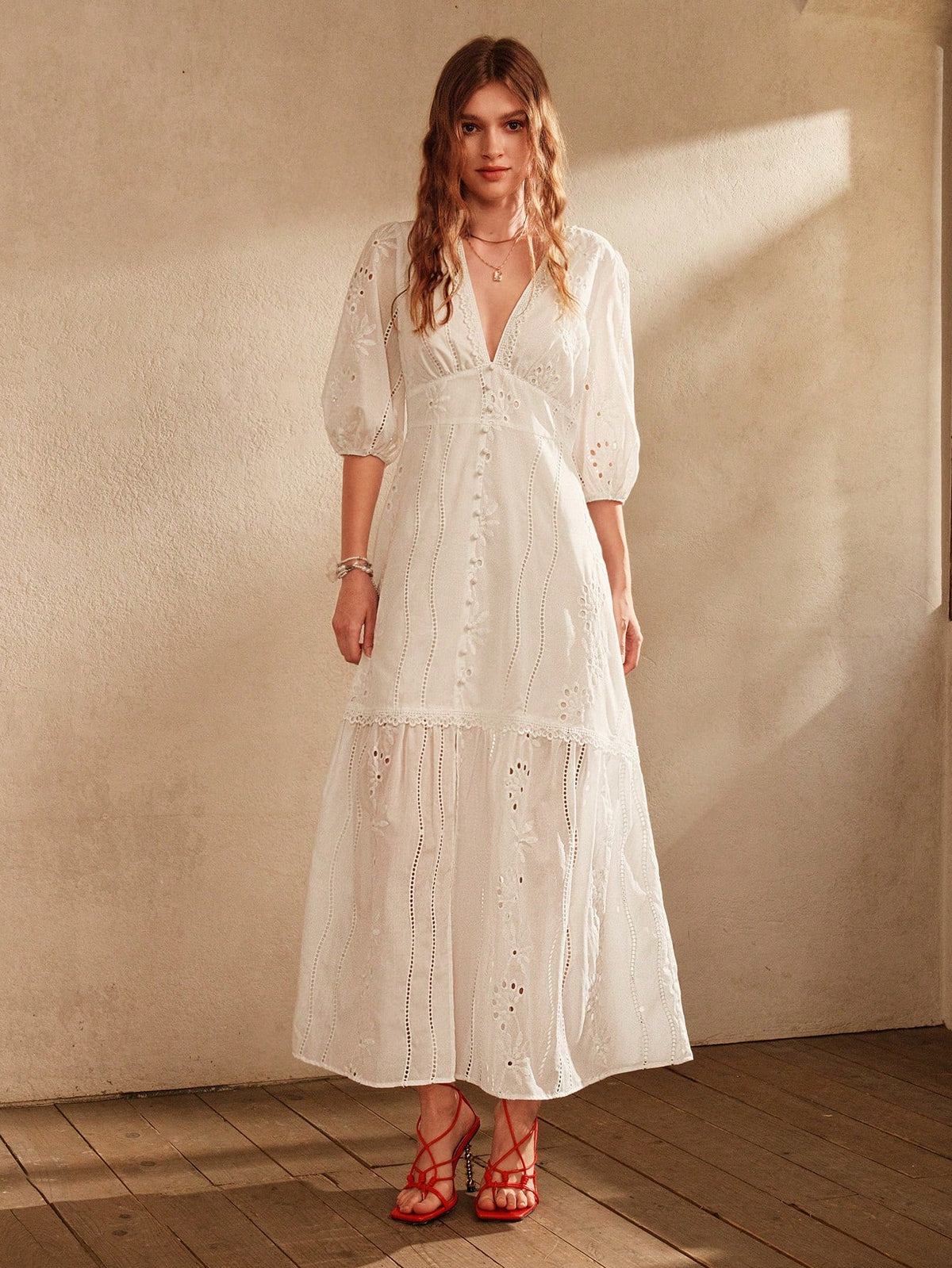 Anewsta Vestido Longo Elegante de Renda com Decote em V Branco e Fenda, Roupa Feminina