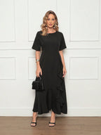 Vestido Longo Manga Curta Elegante com Detalhe em Babado