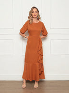 Vestido Longo Manga Curta Elegante com Detalhe em Babado