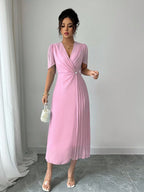 Vestido Elegante Midi Plissado de Cintura Franzida em Chiffon