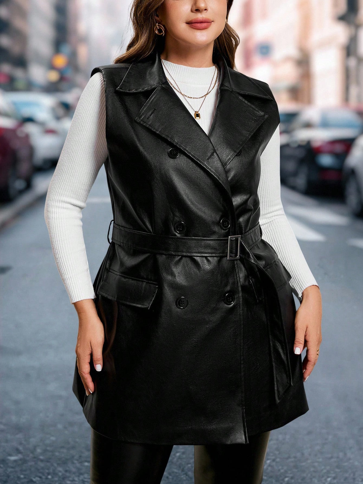 Colete de Couro Feminino Plus Size com Cinto