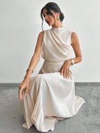 Vestido Midi Elegante Plissado Feminino Sem Mangas