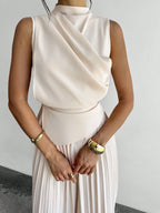 Vestido Midi Elegante Plissado Feminino Sem Mangas
