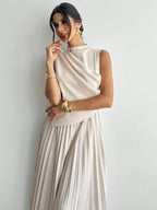Vestido Midi Elegante Plissado Feminino Sem Mangas