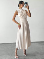 Vestido Midi Elegante Plissado Feminino Sem Mangas