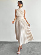 Vestido Midi Elegante Plissado Feminino Sem Mangas