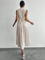 Vestido Midi Elegante Plissado Feminino Sem Mangas