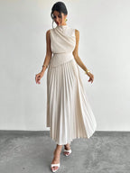 Vestido Midi Elegante Plissado Feminino Sem Mangas