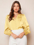 Camisa Feminina Elegante Manga Longa Bufante Não Amassa
