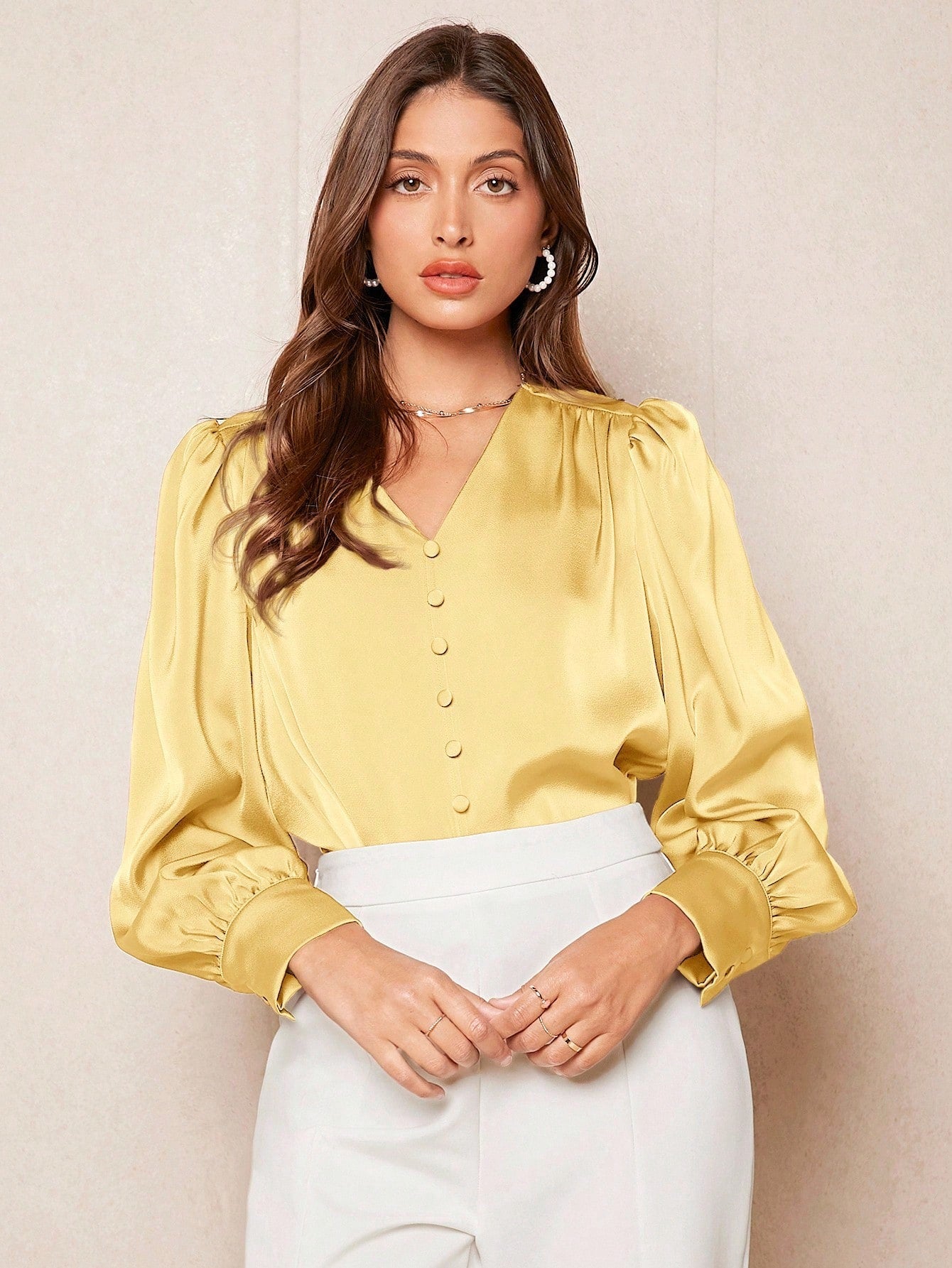 Camisa Feminina Elegante Manga Longa Bufante Não Amassa