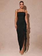 Vestido Longo de Festa Feminino Alça Fina Babados e Fenda 