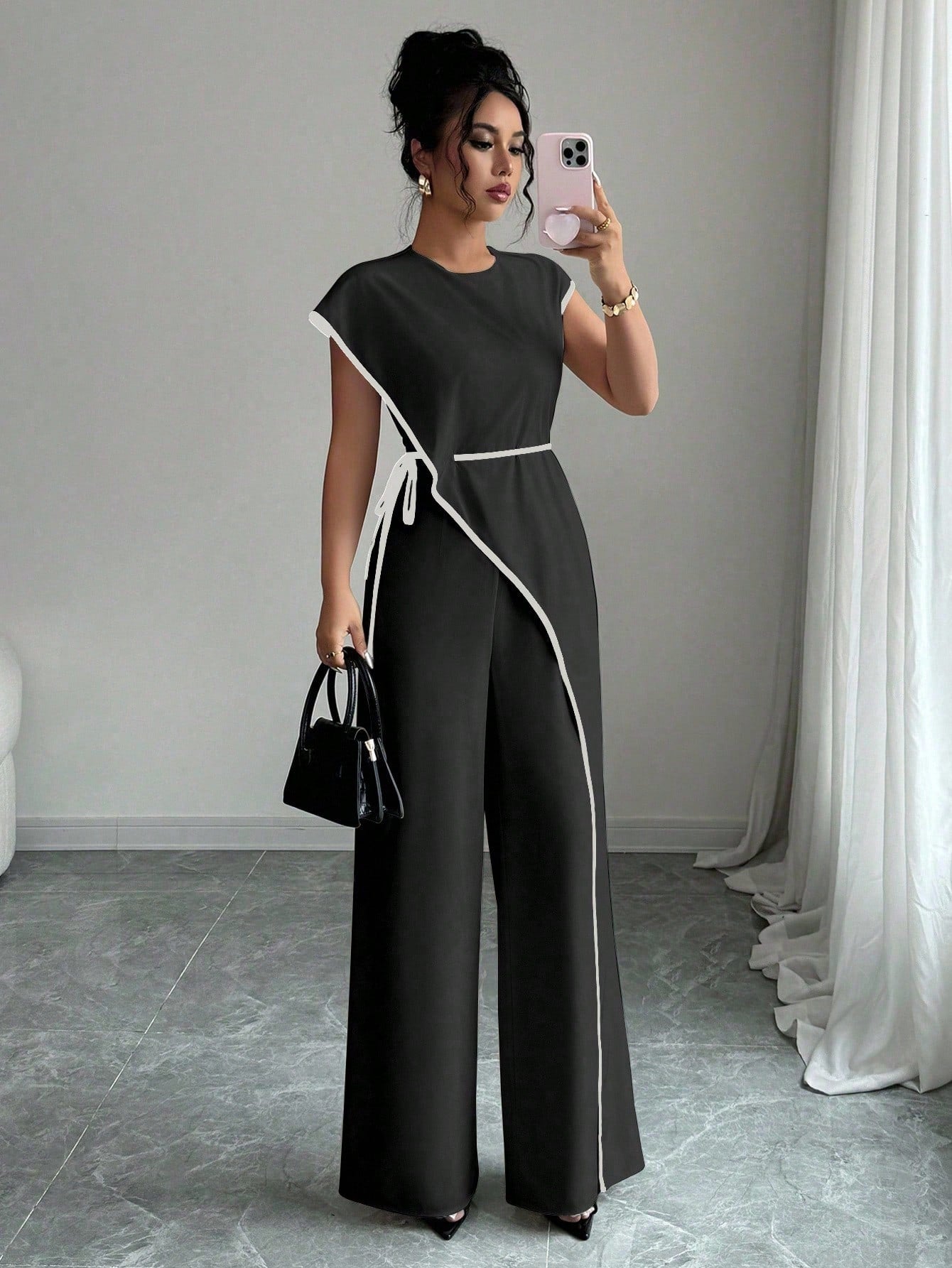 Macacão Assimétrico Elegante Feminino Manga Curta Pantalona