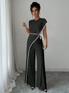 Macacão Assimétrico Elegante Feminino Manga Curta Pantalona
