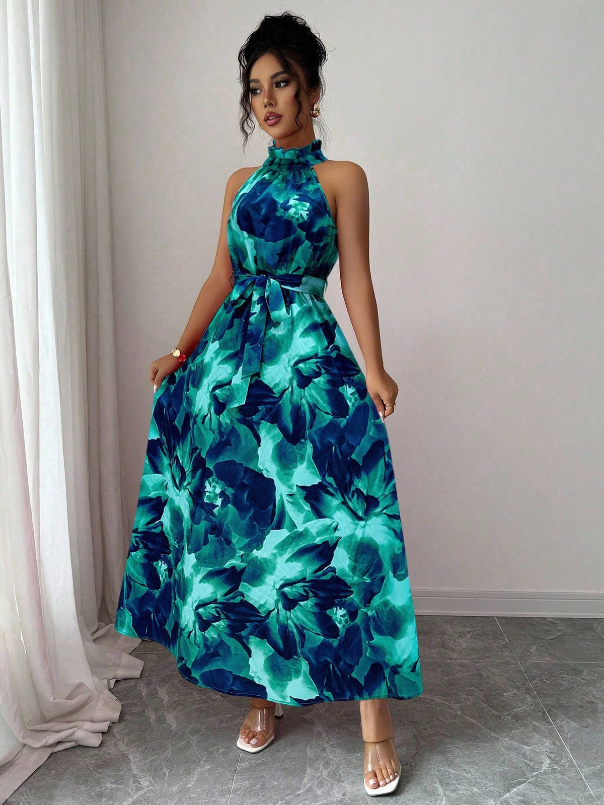 Elenzga Vestido com Estampa Floral Elegante para Ir e Vir do Trabalho e Férias em Ilha