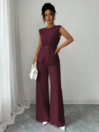 Elenzga Conjunto Elegante de Escritório/Casual para Mulheres, Composto por Camisa com Colarinho, Fivela de Metal Ajustável no Ombro, Bainha Assimétrica e Camadas, Combinada com Calça Larga de Perna Solta, 2 Peças, Primavera/Verão