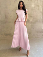Firerie Conjunto Feminino 2 Peças com Top de Gola Redonda e Saia Plissada, Cor Sólida, Casual Elegante para Uso Diário e Escritório, Marrom Escuro, Outono, Formatura, Aniversário