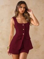 Conjunto Feminino Elegante Short e Colete Elegante com Botões