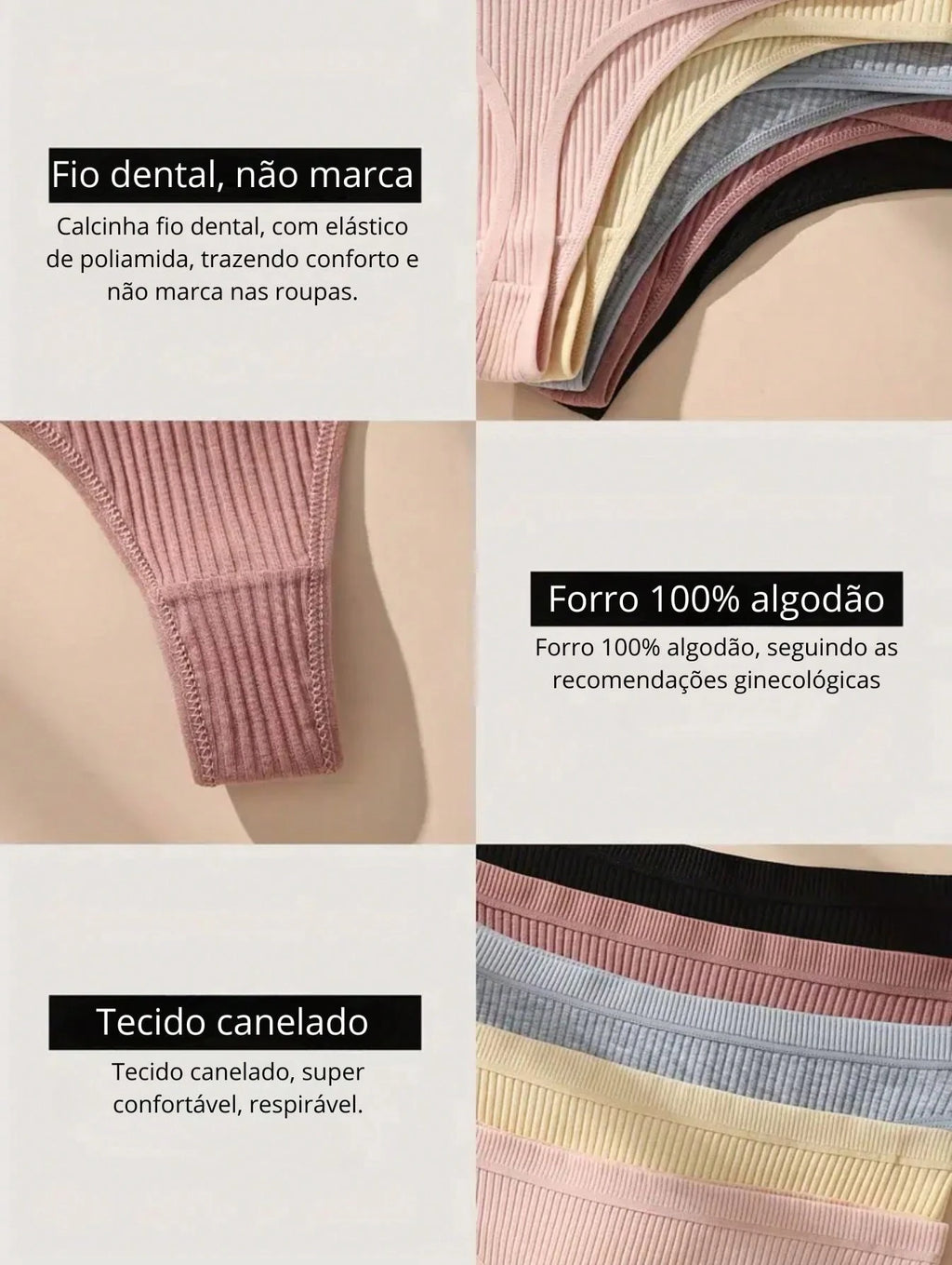 Kit 10 Calcinhas Algodão  Fio Dental Canelado