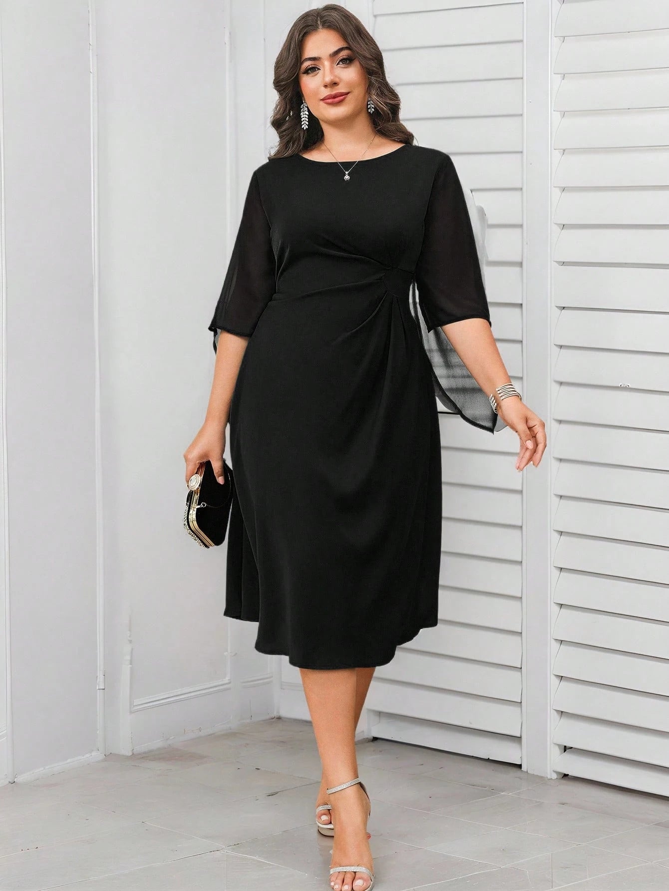 Vestido Midi Plus Size Para Festa Meia Manga Preto / G2