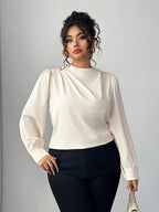 Camisa Manga Longa Feminina Plus Size com Colarinho Plissado Elegante 