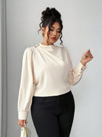 Camisa Manga Longa Feminina Plus Size com Colarinho Plissado Elegante 