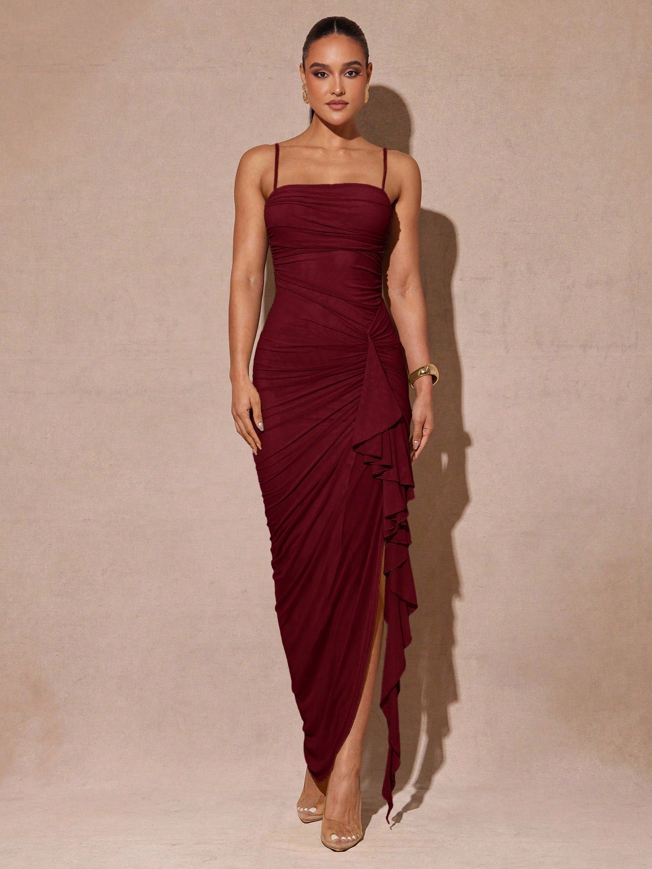 Vestido Longo de Festa Feminino Alça Fina Babados e Fenda 