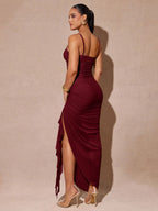 Vestido Longo de Festa Feminino Alça Fina Babados e Fenda 