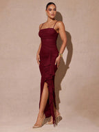 Vestido Longo de Festa Feminino Alça Fina Babados e Fenda 