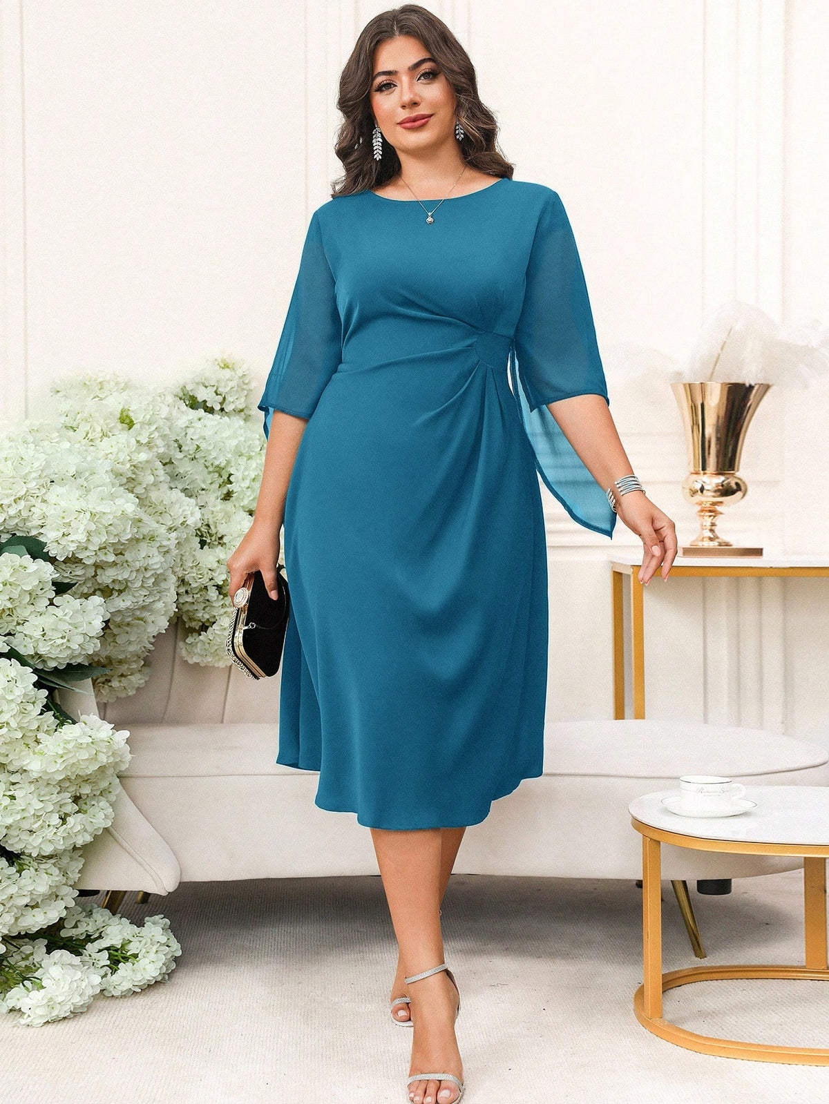 Vestido Midi Plus Size Para Festa Meia Manga