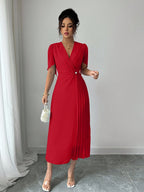 Vestido Elegante Midi Plissado de Cintura Franzida em Chiffon
