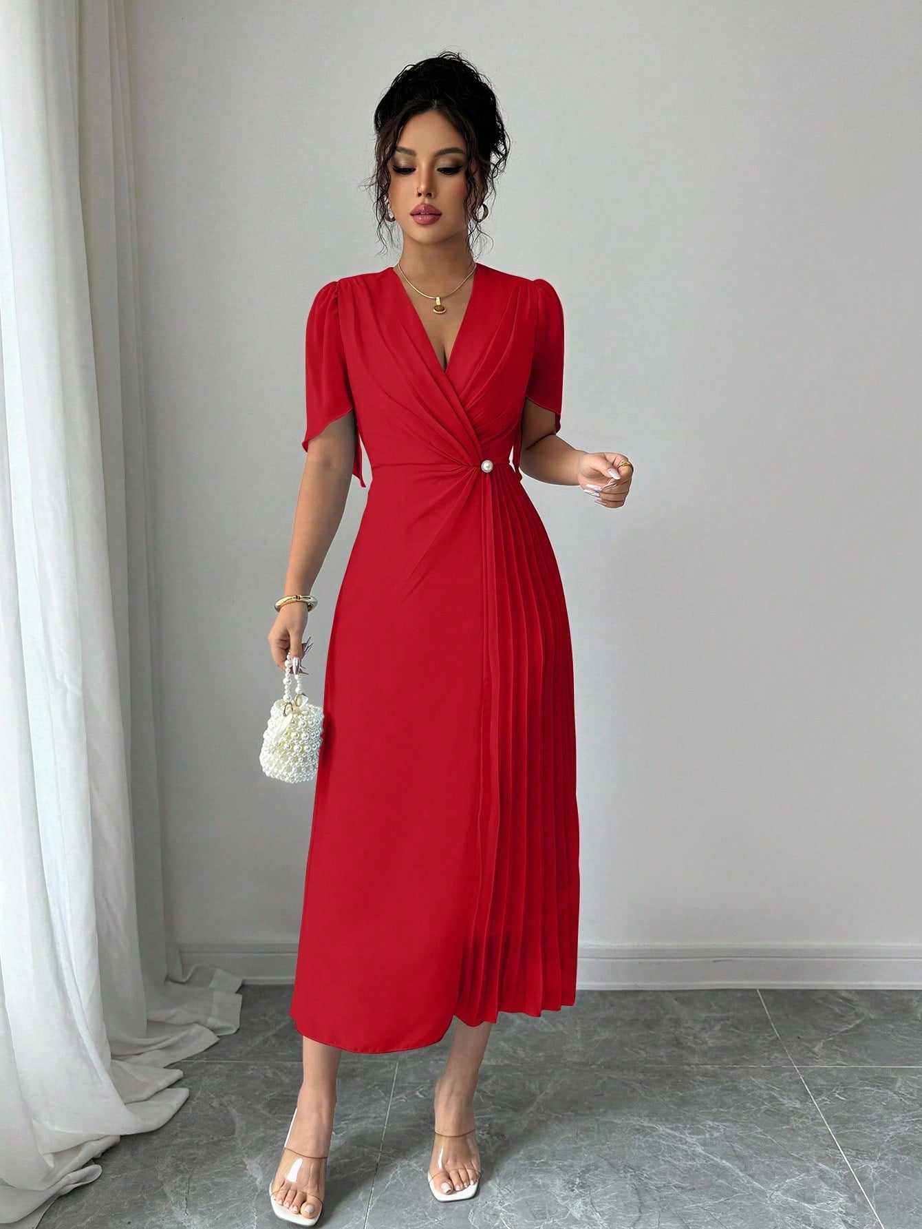 Vestido Elegante Midi Plissado de Cintura Franzida em Chiffon