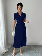 Vestido Elegante Midi Plissado de Cintura Franzida em Chiffon