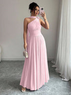 Vestido Longo Feminino Um Ombro Só com Faixa no Pescoço Para Convidada