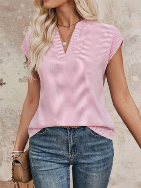 Blusa Listrada Manga Curta Feminina Decote V
