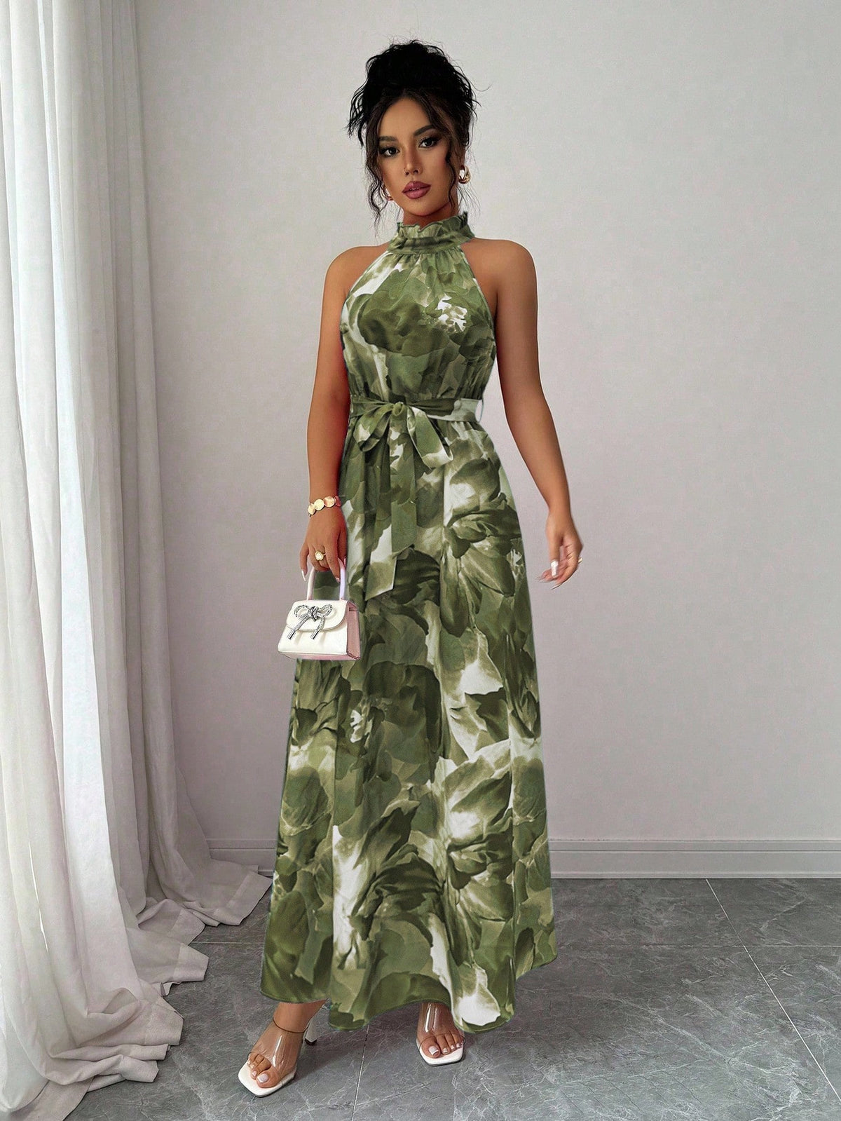 Elenzga Vestido com Estampa Floral Elegante para Ir e Vir do Trabalho e Férias em Ilha