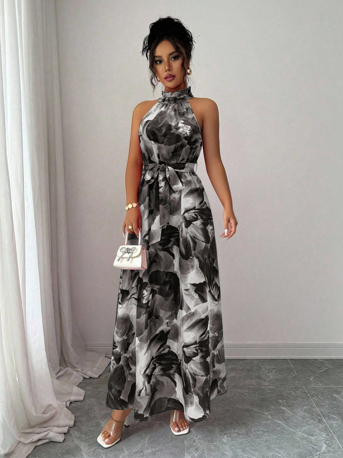 Elenzga Vestido com Estampa Floral Elegante para Ir e Vir do Trabalho e Férias em Ilha