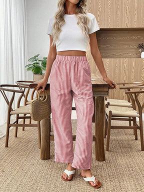 Calça Reta Feminina Listrada com Elástico na Cintura